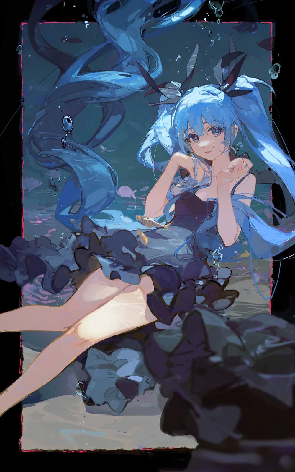 1girl air_bubble bangs bare_arms bare_shoulders black_dress black_ribbon blue_eyes blue_hair bubble ciloranko commentary dress eyebrows_visible_through_hair feet_out_of_frame fish floating_hair hair_ribbon hatsune_miku highres long_hair looking_at_viewer parted_lips ribbon romaji_commentary shinkai_shoujo_(vocaloid) sleeveless sleeveless_dress solo twintails underwear very_long_hair vocaloid