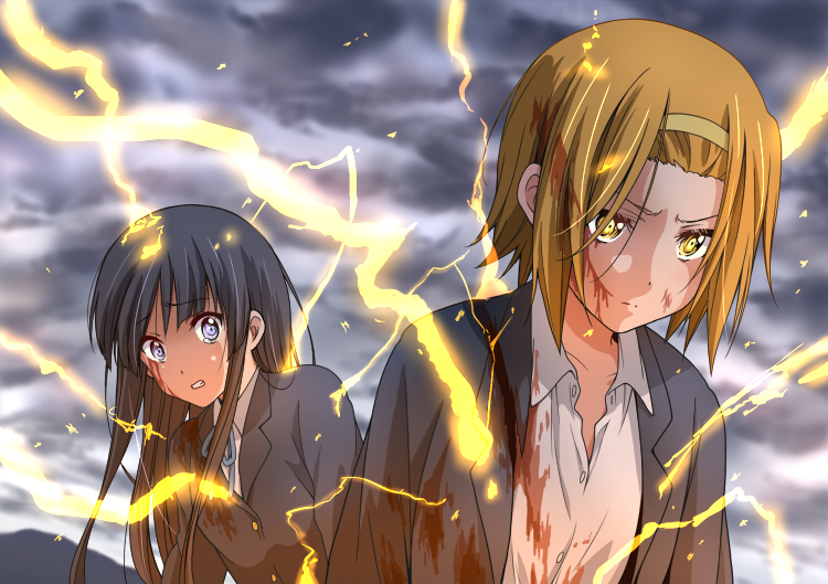 2girls akiyama_mio bangs black_hair blazer blood blue_eyes blue_jacket blue_ribbon brown_eyes closed_mouth clouds cloudy_sky commentary_request dark_clouds dresstrip electricity eyebrows_visible_through_hair hairband hime_cut jacket k-on! long_hair looking_at_viewer multiple_girls open_clothes open_jacket ribbon sakuragaoka_high_school_uniform school_uniform serious shirt short_hair sky tainaka_ritsu teeth upper_body white_shirt yellow_hairband