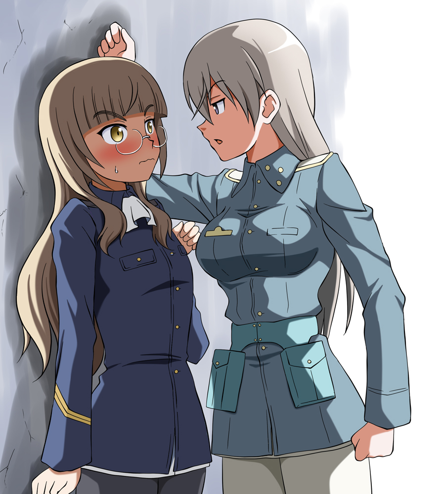 2girls black_legwear blonde_hair blue_eyes blush breasts closed_mouth eila_ilmatar_juutilainen glasses hiro_yoshinaka kabedon long_hair looking_at_another medium_breasts military military_uniform multiple_girls open_mouth pantyhose perrine_h._clostermann shiny shiny_hair silver_hair small_breasts strike_witches uniform wavy_mouth white_legwear world_witches_series yellow_eyes yuri