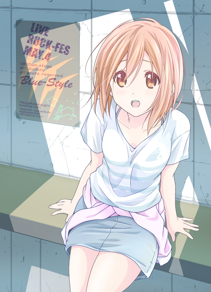 :d bangs bench blue_skirt brown_eyes brown_hair clothes_around_waist collarbone commentary_request dresstrip hair_between_eyes hirasawa_yui jacket jacket_around_waist k-on! looking_at_viewer open_mouth pencil_skirt pink_jacket poster_(object) shirt short_hair short_sleeves sitting skirt smile tile_wall tiles white_shirt
