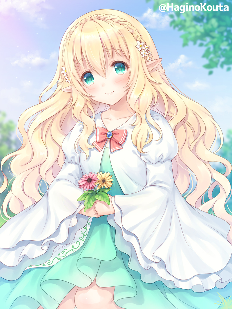 1girl bangs blonde_hair blue_sky blurry blurry_background blush bow braid closed_mouth clouds collarbone commission crown_braid day depth_of_field dress eyebrows_visible_through_hair flower green_dress green_eyes hagino_kouta hair_between_eyes hair_flower hair_ornament head_tilt holding holding_flower jacket juliet_sleeves long_hair long_sleeves looking_at_viewer original outdoors pink_flower pointy_ears puffy_sleeves red_bow skeb_commission sky smile solo twitter_username very_long_hair white_flower white_jacket wide_sleeves yellow_flower