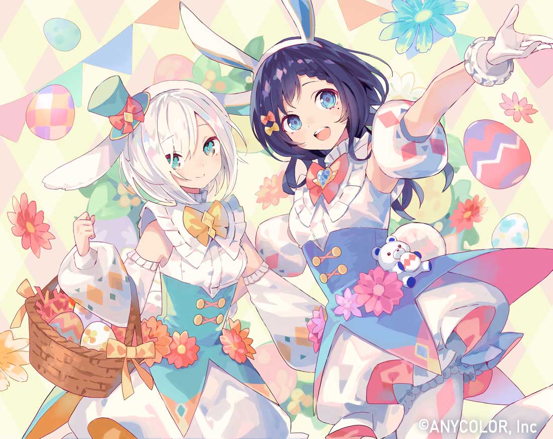 2girls aiba_uiha animal_ears ars_almal bangs blue_eyes blue_hair blue_headwear blue_skirt bow breasts clenched_hand detached_sleeves dress easter_egg egg eyebrows_visible_through_hair fake_animal_ears gloves hat hat_bow high-waist_skirt medium_breasts medium_hair mini_hat mole mole_under_eye multiple_girls nijisanji official_art open_hand orange_bow puffy_short_sleeves puffy_sleeves rabbit_ears red_bow short_hair short_sleeves skirt smile tobi_(kotetsu) virtual_youtuber white_dress white_gloves white_hair