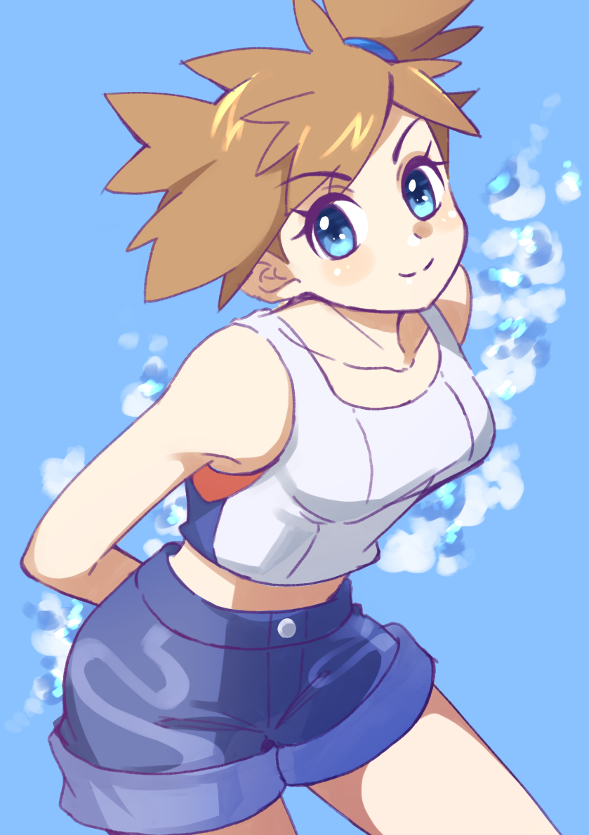 1girl asymmetrical_hair blue_eyes blush breasts closed_mouth denim denim_shorts game_freak gym_leader legs looking_at_viewer misty_(pokemon) nintendo nozumu orange_hair pokemon pokemon_(game) pokemon_lgpe ponytail shirt short_hair short_shorts shorts side_ponytail tied_hair white_shirt