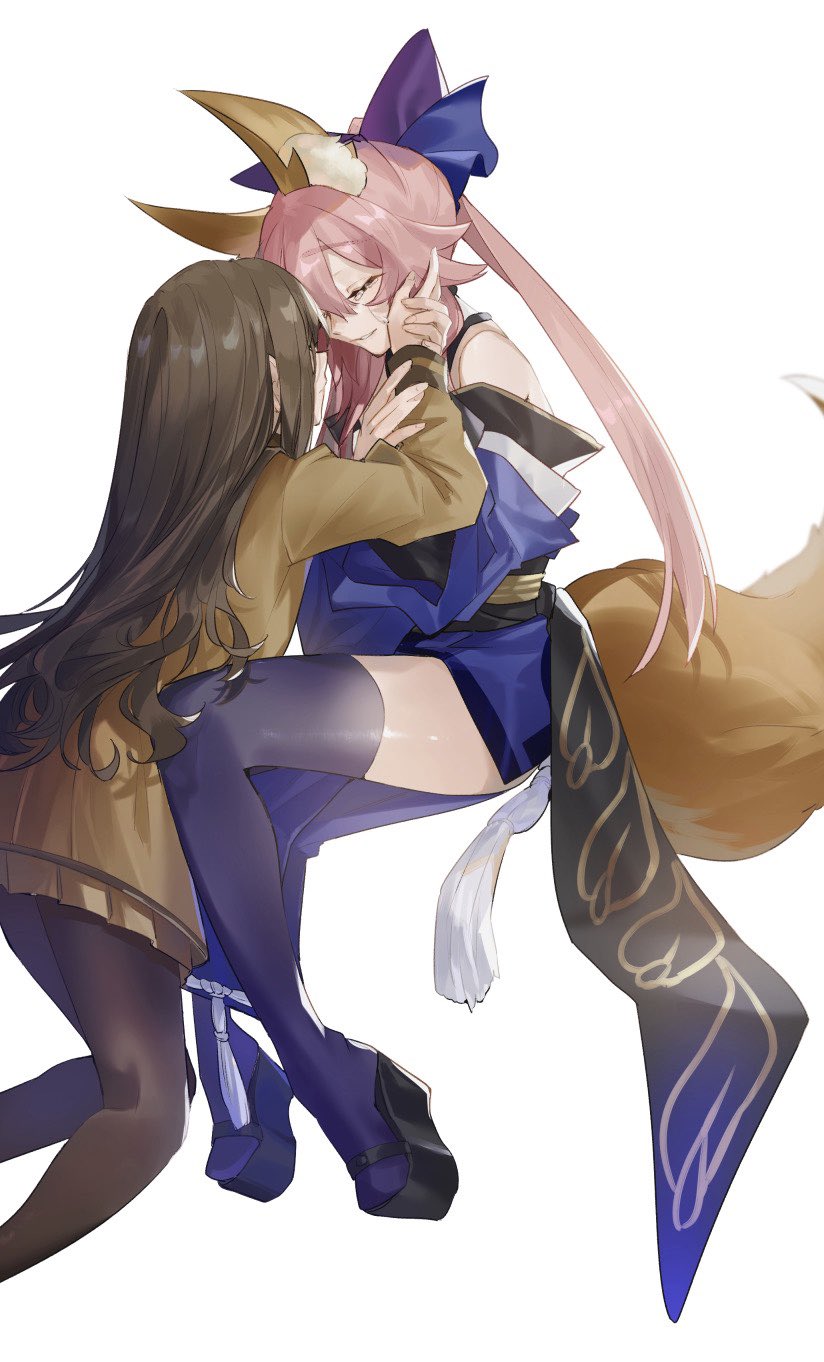 2girls animal_ear_fluff animal_ears bangs bare_shoulders blue_bow blue_kimono blue_legwear bow closed_eyes commentary_request crying detached_sleeves eyebrows_visible_through_hair fate/extra fate_(series) fox_ears fox_girl fox_tail full_body hand_on_another's_face highres hino_hinako holding_hands japanese_clothes kimono kishinami_hakuno_(female) long_hair long_sleeves multiple_girls obi pantyhose platform_footwear sash sidelocks split_ponytail tail tamamo_(fate) tamamo_no_mae_(fate/extra) thigh-highs tsukumihara_academy_uniform_(fate/extra) white_background zettai_ryouiki