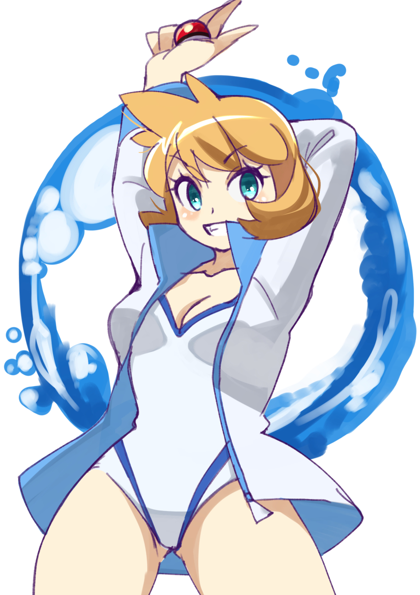 1girl breasts cowboy_shot game_freak green_eyes holding holding_poke_ball jacket legs misty_(pokemon) nintendo nozumu one-piece_swimsuit open_clothes open_jacket open_mouth orange_hair poke_ball pokemon pokemon_(game) pokemon_hgss simple_background smile solo spread_legs standing swimsuit swimsuit_under_clothes thighs white_background white_jacket white_swimsuit