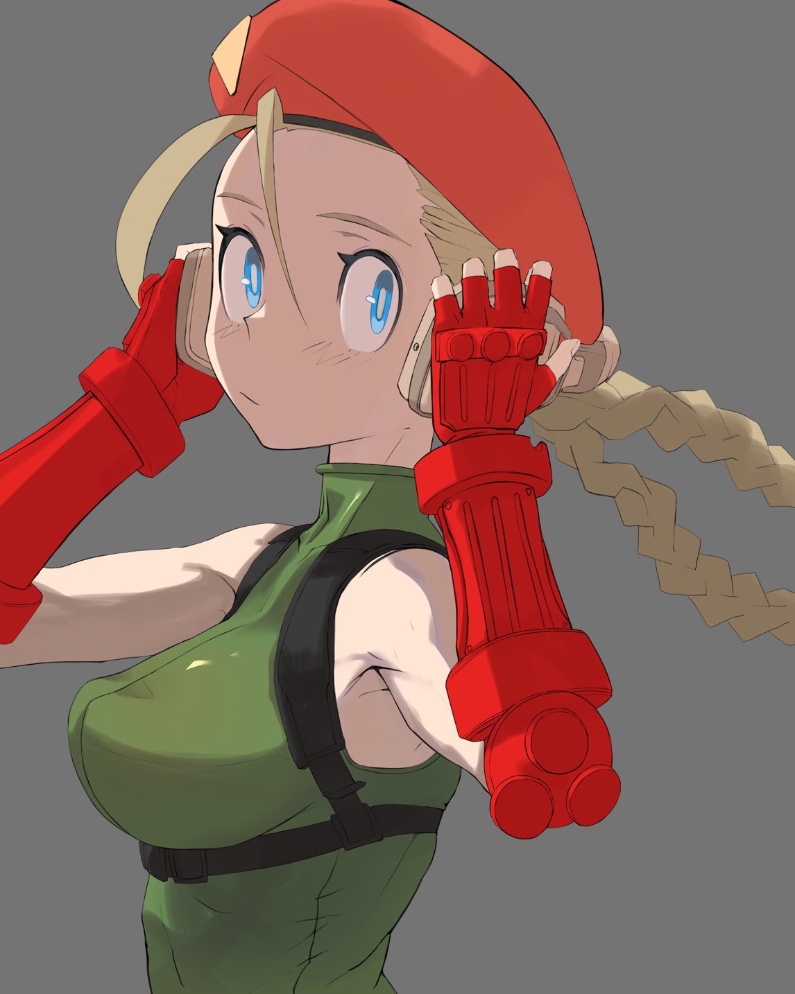 1girl beret blonde_hair blue_eyes braid breasts cammy_white chest_harness closed_mouth commentary_request fingerless_gloves gloves go_d_e green_leotard harness hat headphones highres leotard long_hair looking_at_viewer solo street_fighter street_fighter_v twin_braids