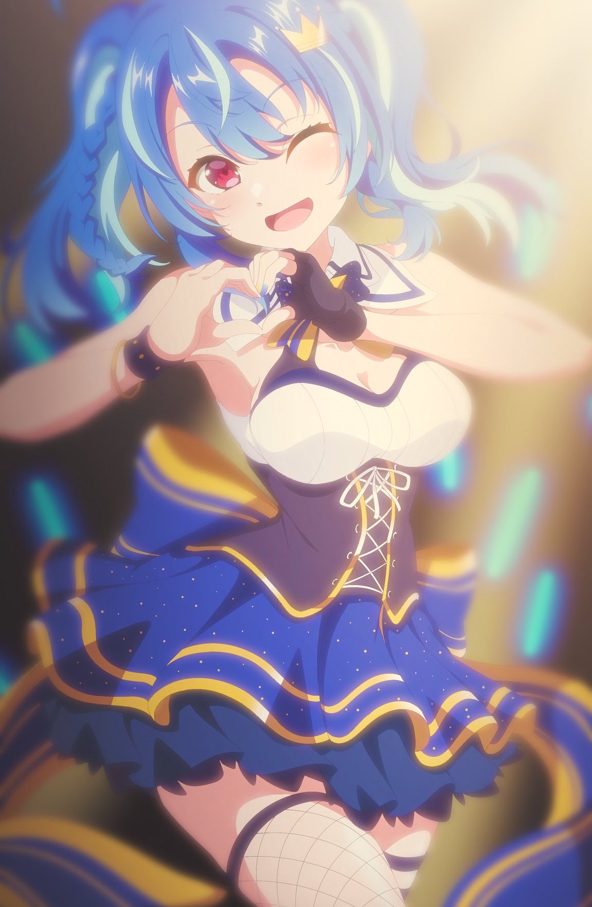 1girl blue_hair blurry_background blush braid breasts cleavage crown_hair_ornament fishnet_legwear fishnets hair_ornament heart_hands hoshino_mea medium_breasts one_eye_closed open_mouth pleated_skirt red_eyes virtual_youtuber wink