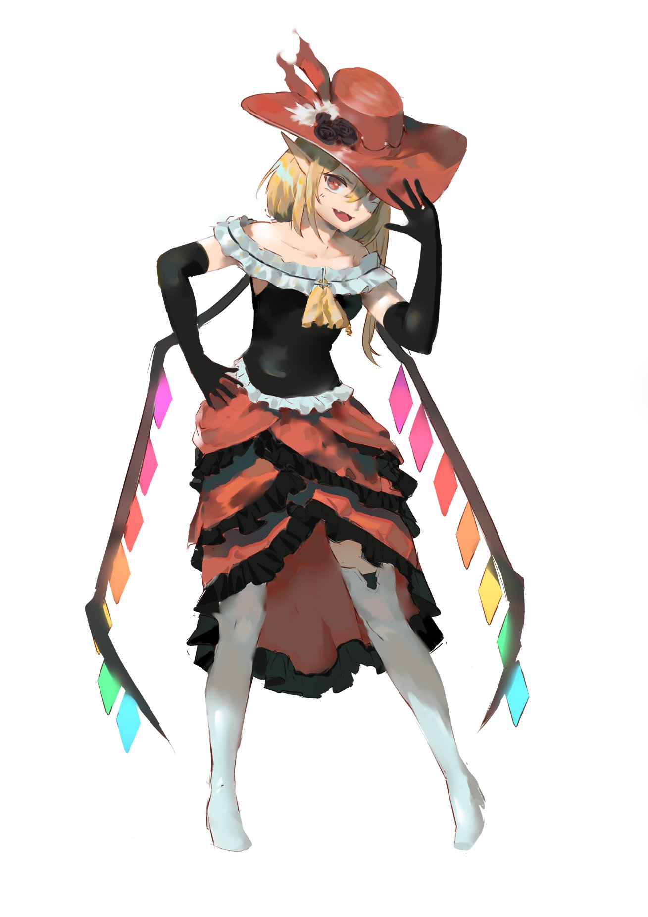1girl adapted_costume ascot bangs bare_shoulders black_gloves boots cross crystal elbow_gloves fang flandre_scarlet gloves hat high_heels highres inverted_cross medium_hair one_side_up pointy_ears red_eyes red_headwear showgirl_skirt simple_background sleeveless smile solo teasmacker thigh-highs thigh_boots touhou white_background white_footwear wings yellow_ascot