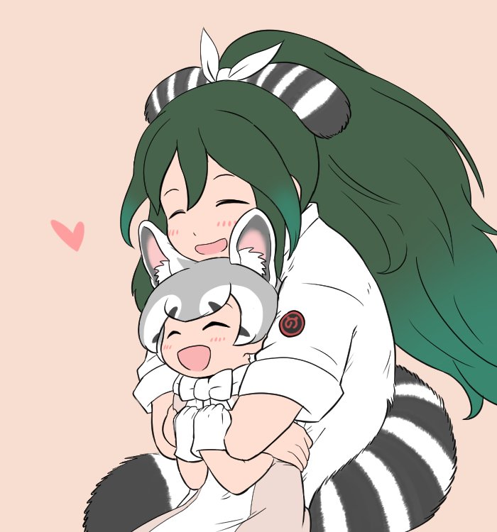 2girls ^_^ animal_ears arm_around_shoulder black_hair bokoboko_(pandagapanda1) bow bowtie closed_eyes extra_ears gloves green_hair grey_hair hair_ornament happy heart height_difference hug hug_from_behind kako_(kemono_friends) kemono_friends labcoat long_hair medium_hair multicolored_hair multiple_girls open_mouth ringtail_(kemono_friends) shirt simple_background smile striped_tail tail tail_wrap upper_body very_long_hair white_hair