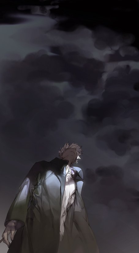1boy arms_at_sides between_fingers cigarette coat cowboy_shot from_below frown ginko grey_coat holding holding_cigarette long_sleeves male_focus mushishi outdoors overcast shirt short_hair sky solo standing starstruckdon white_hair white_shirt