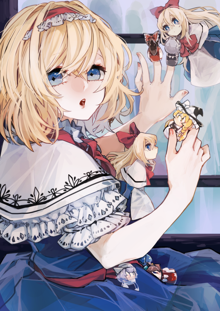 1girl :o alice_margatroid blonde_hair blue_dress blue_eyes bow bright_pupils capelet character_doll chen commentary diamond-shaped_pupils diamond_(shape) dress finger_puppet fingernails frilled_hairband frilled_sleeves frills from_side hair_bow hairband hakurei_reimu hands_up izayoi_sakuya kirisame_marisa letty_whiterock looking_at_viewer looking_to_the_side nail_polish open_mouth puppet red_bow red_hairband red_nails sakuro_(kokutousasasa) shanghai_doll short_hair solo symbol-shaped_pupils touhou upper_body white_capelet white_pupils window
