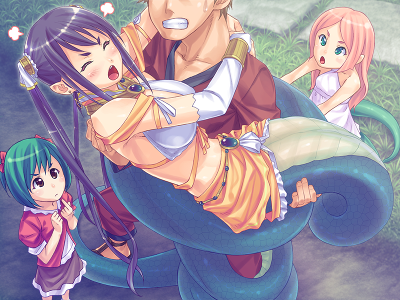 1boy 3girls angry bare_shoulders blue_hair breasts bubuzuke carrying child clenched_teeth closed_eyes earrings grass green_eyes head_out_of_frame holding_person jewelry lamia lamia_hygieia lifting lifting_person long_hair looking_up mamonomusume_to_no_seikatsu_~ramia_no_baai~ monster_girl multiple_girls open_mouth pink_hair pointy_ears purple_hair scales snake tail teeth twintails