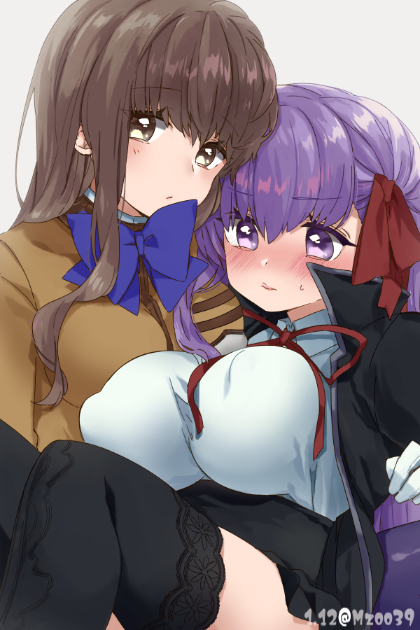 2girls artist_name bangs bb_(fate) bb_(fate/extra) blue_bow blush bow breasts brown_eyes brown_hair brown_shirt closed_mouth commentary_request eyebrows_visible_through_hair eyelashes fate/extra fate/extra_ccc fate_(series) gloves hair_between_eyes kishinami_hakuno_(female) large_breasts lips long_hair long_sleeves looking_at_viewer looking_down lying_on_person multiple_girls mzoo39 purple_hair shirt simple_background thigh-highs tsukumihara_academy_uniform_(fate/extra) twitter_username violet_eyes white_background white_gloves white_shirt yuri