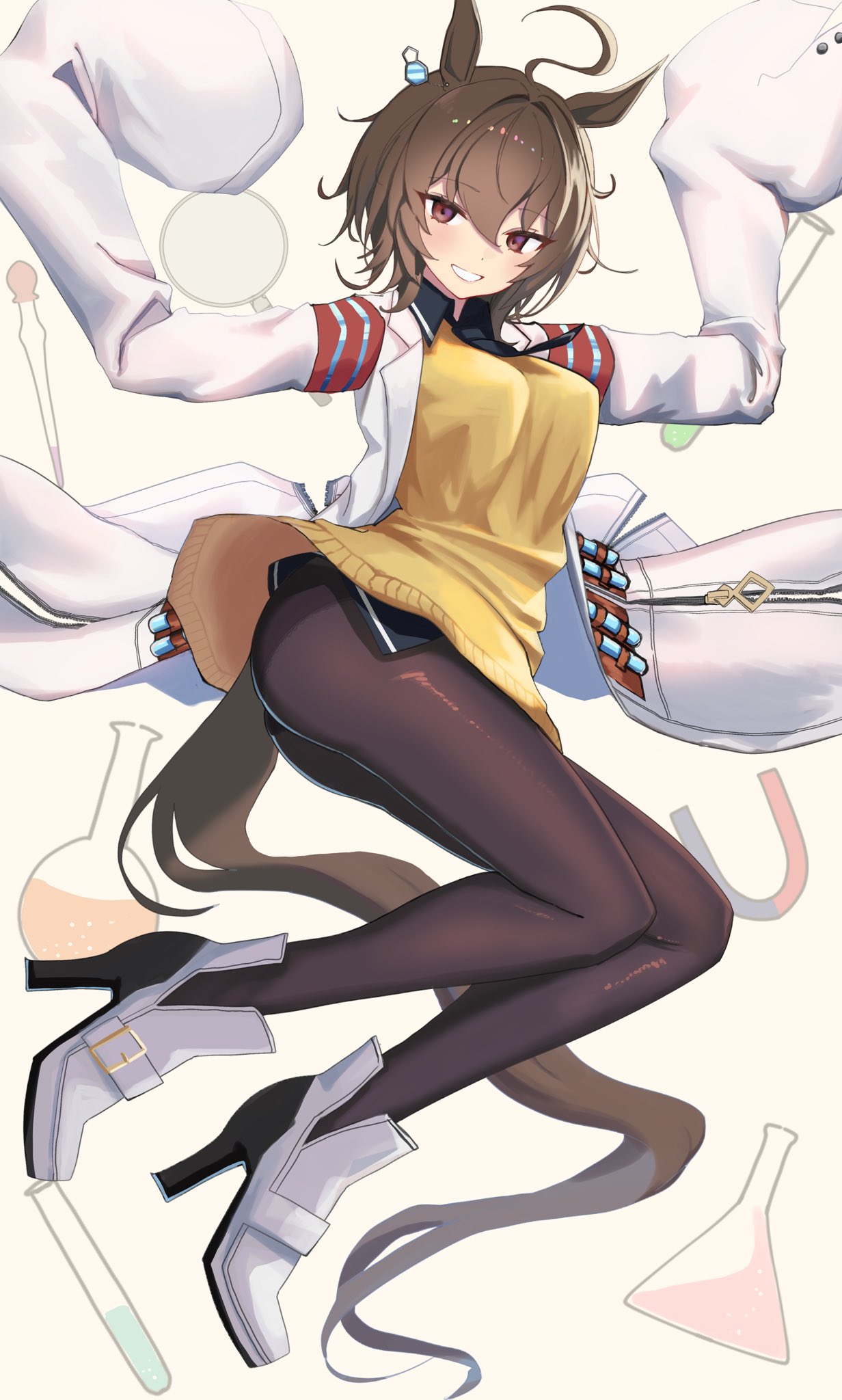 1girl agnes_tachyon_(umamusume) ahoge animal_ears arms_up bangs black_legwear black_necktie black_shirt blush boots breasts brown_eyes brown_hair buckle coat collared_shirt commentary_request dondobi dropper earrings full_body grin high_heel_boots high_heels highres horse_ears horse_girl horse_tail jewelry labcoat large_breasts looking_at_viewer magnet magnifying_glass medium_hair necktie open_clothes open_coat shirt short_necktie simple_background single_earring sleeves_past_fingers sleeves_past_wrists smile solo sweater tachi-e tail test_tube umamusume vial white_background white_footwear yellow_sweater