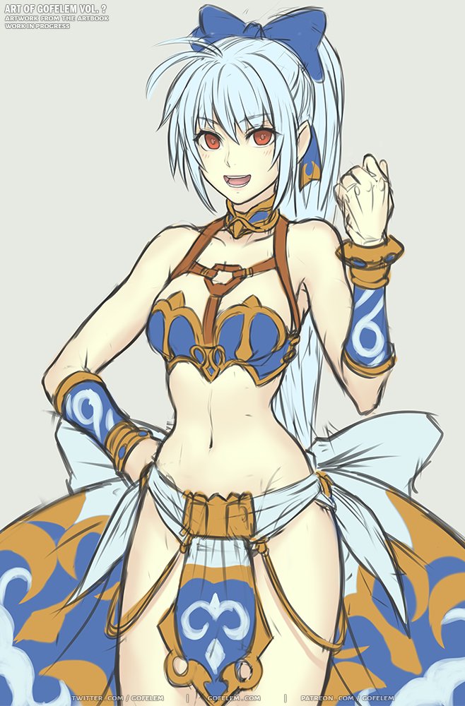 1girl armor back_bow bare_shoulders blue_hair bow breasts choker gofelem high_ponytail long_hair looking_at_viewer meru_(dragoon) midriff navel open_mouth ponytail red_eyes simple_background smile solo the_legend_of_dragoon