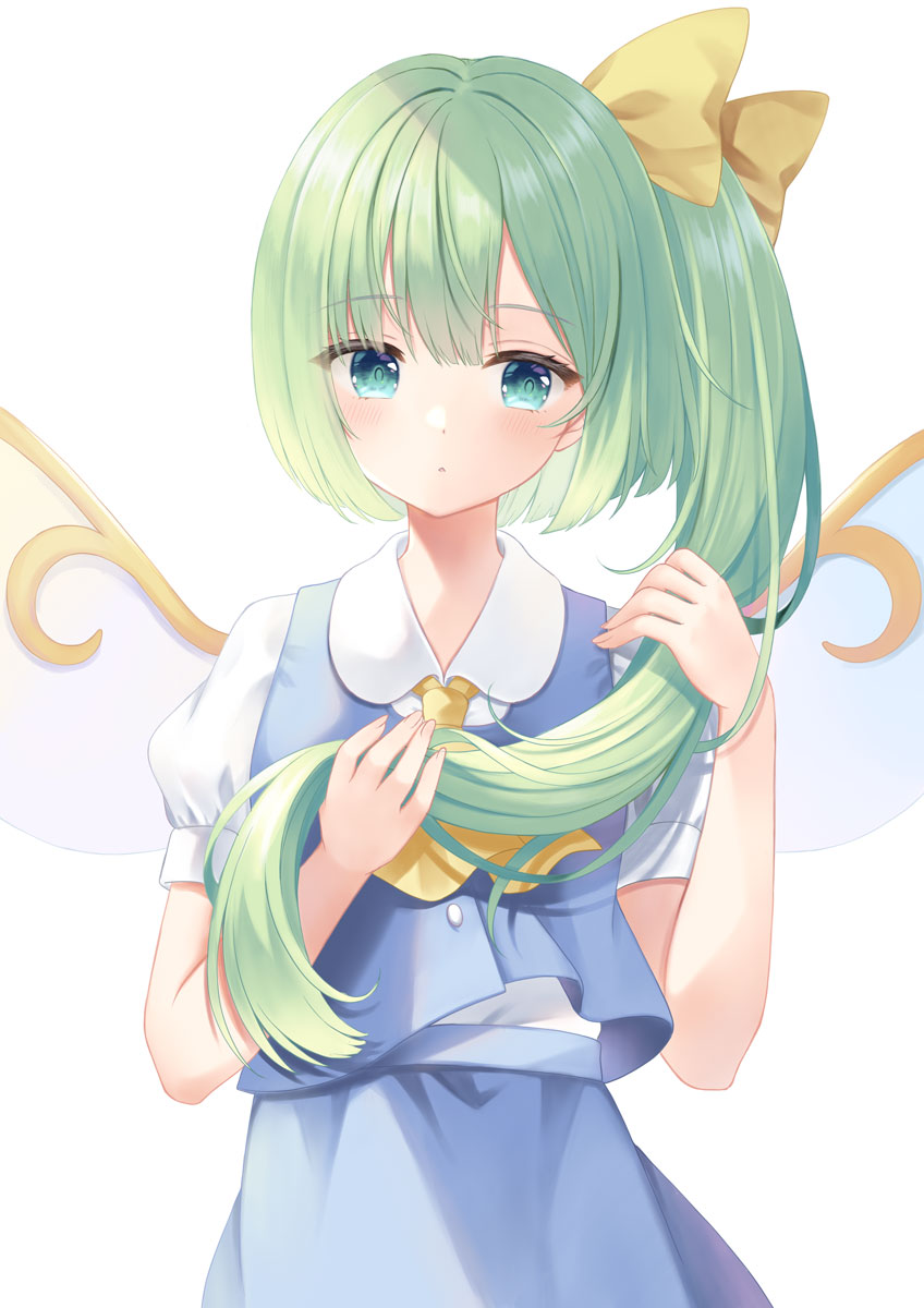 1girl ascot bangs blue_skirt blue_vest blush buttons collared_shirt commentary_request daiyousei eyebrows_visible_through_hair eyelashes eyes_visible_through_hair fairy_wings fingernails green_eyes green_hair hair_between_eyes hair_ribbon hands_up highres long_fingernails long_hair looking_to_the_side nail_polish open_mouth pink_nails ponytail puffy_short_sleeves puffy_sleeves ribbon shirt short_hair short_sleeves side_ponytail simple_background skirt solo standing touhou vest white_background white_shirt wings y_na1211 yellow_ascot yellow_ribbon