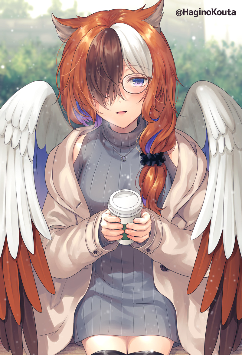 1girl animal_ears black_hair black_legwear black_scrunchie blurry blurry_background brown_hair brown_jacket brown_wings clothing_cutout coffee_cup commission cup depth_of_field disposable_cup feathered_wings grey_sweater hagino_kouta hair_ornament hair_over_shoulder hair_scrunchie holding holding_cup jacket long_hair multicolored_hair open_clothes open_jacket original ribbed_sweater scrunchie shoulder_cutout sitting skeb_commission sleeves_past_wrists solo sweater thigh-highs turtleneck turtleneck_sweater twitter_username two-tone_hair white_hair white_wings wings