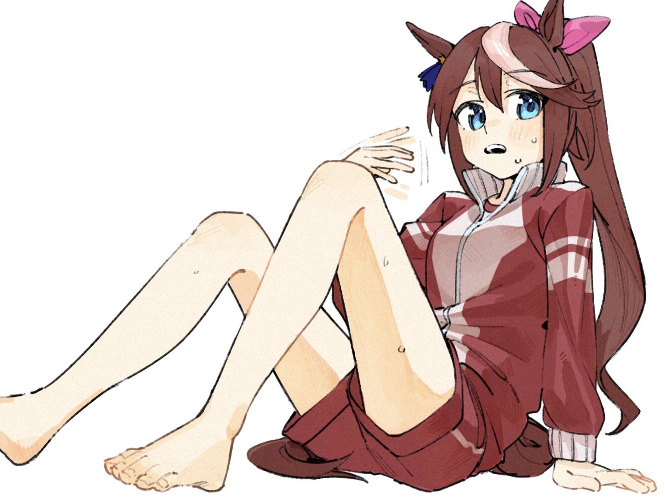 1girl afterimage animal_ears arm_support bangs bare_legs barefoot blue_eyes blush breasts fanning_face foot_out_of_frame high_collar horse_ears horse_girl horse_tail jacket knees_up long_hair long_sleeves looking_at_viewer multicolored_hair open_mouth ponytail red_jacket red_shorts shorts simple_background sitting small_breasts solo speed_lines streaked_hair sweat tail tenoo12 tokai_teio_(umamusume) umamusume white_background