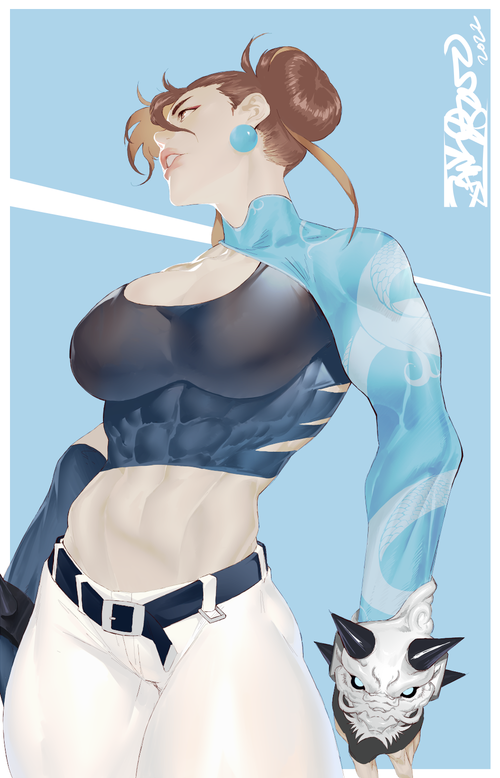 1girl abs alternate_costume asymmetrical_sleeves belt black_sports_bra blue_background bracelet breasts brown_hair chun-li collarbone detached_sleeves earrings highres jankojaro jewelry large_breasts lips midriff mismatched_sleeves muscular muscular_female nose pants shrug_(clothing) solo spiked_bracelet spikes sports_bra street_fighter thick_thighs thighs white_pants