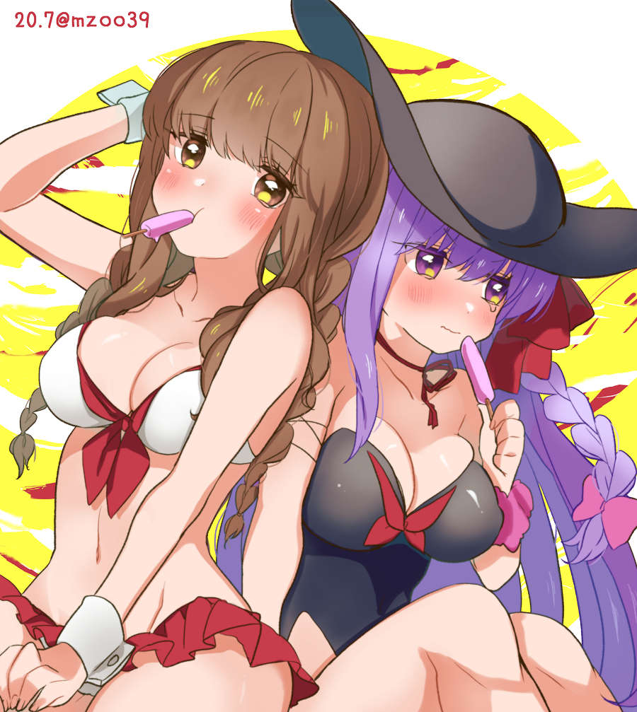 artist_name bangs bb_(fate) bb_(fate/extra) black_swimsuit blush bow braid breasts brown_eyes brown_hair collarbone commentary_request eating eyebrows_visible_through_hair fate/extra fate/extra_ccc fate_(series) food hat holding holding_food kishinami_hakuno_(female) large_breasts long_hair looking_at_viewer looking_away medium_breasts mzoo39 navel pink_bow pink_wristband popsicle purple_hair red_ribbon ribbon sun_hat swimsuit tears twitter_username violet_eyes white_swimsuit wristband