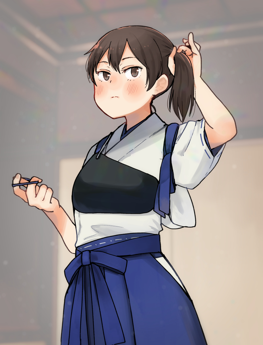 1girl adjusting_hair annin_musou blue_hakama blush brown_eyes brown_hair closed_mouth hair_between_eyes hakama hakama_skirt highres japanese_clothes kaga_(kancolle) kantai_collection long_hair muneate short_sleeves side_ponytail skirt solo tasuki upper_body