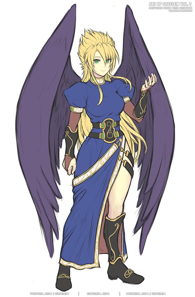 1girl blonde_hair boots breasts breath_of_fire breath_of_fire_ii bridal_gauntlets closed_mouth dress feathered_wings full_body gofelem knee_boots long_hair looking_at_viewer nina_(breath_of_fire_ii) purple_wings simple_background smile solo white_background wings