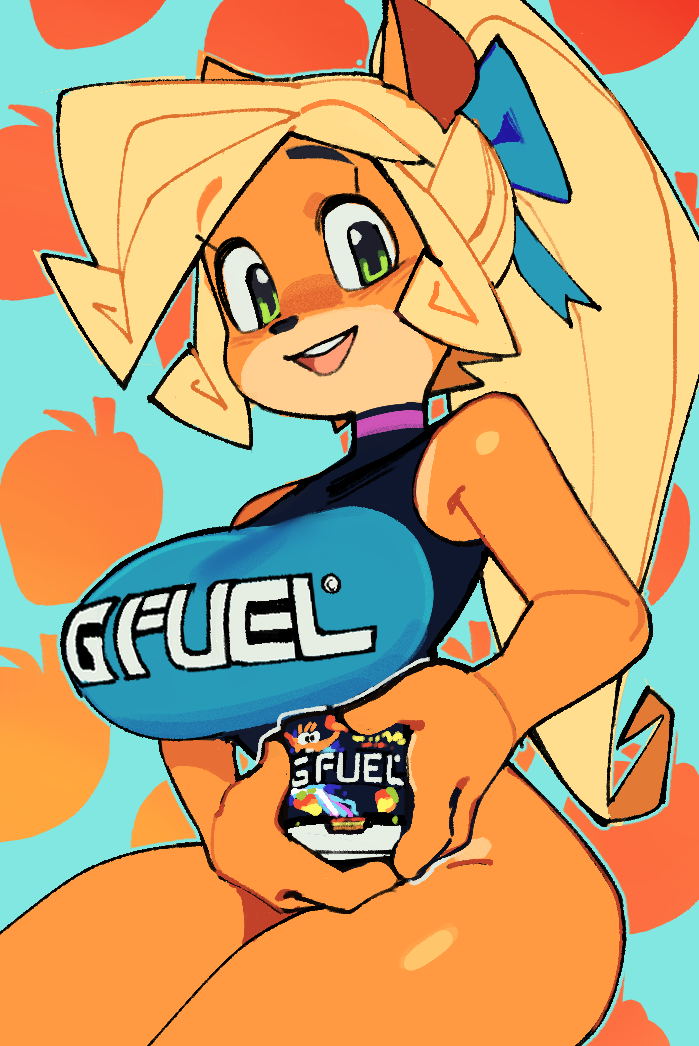 1girl alternate_breast_size animal_nose blonde_hair blue_bow body_fur bow breasts choker coco_bandicoot crash_bandicoot_(series) furry furry_female gfuel green_eyes hair_bow holding invisible_chair large_breasts long_hair orange_fur ponytail product_placement purple_choker racequeen sitting smile solo teeth two-tone_fur two-tone_leotard upper_teeth wamudraws