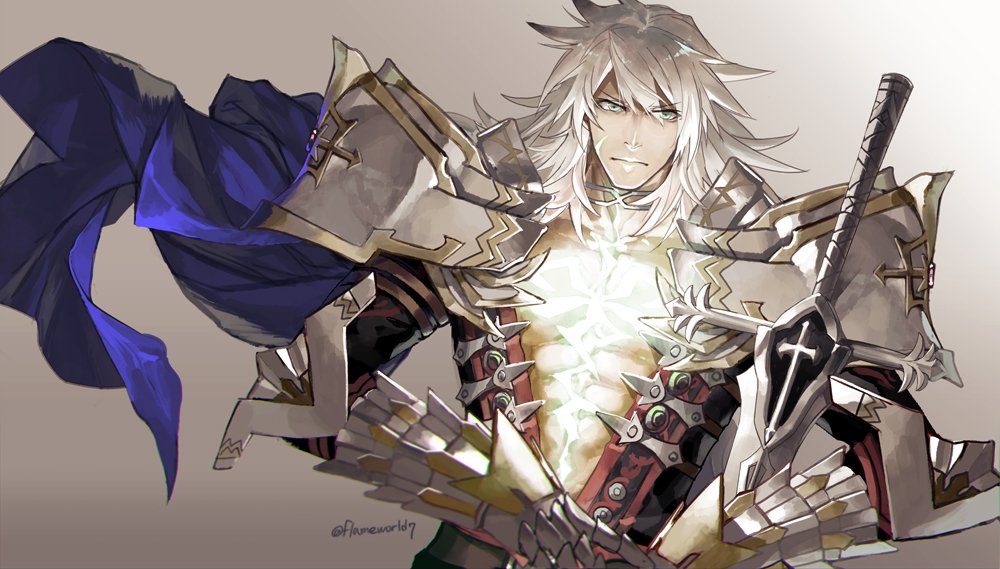 1boy :| amor armor balmung_(fate/apocrypha) bangs closed_mouth commentary_request dark-skinned_male dark_skin expressionless fate/apocrypha fate/grand_order fate_(series) flameworld7 gradient gradient_background green_eyes grey_background long_hair looking_at_viewer male_focus platinum_blonde_hair scar serious siegfried_(fate) simple_background solo sword twitter_username upper_body weapon white_hair