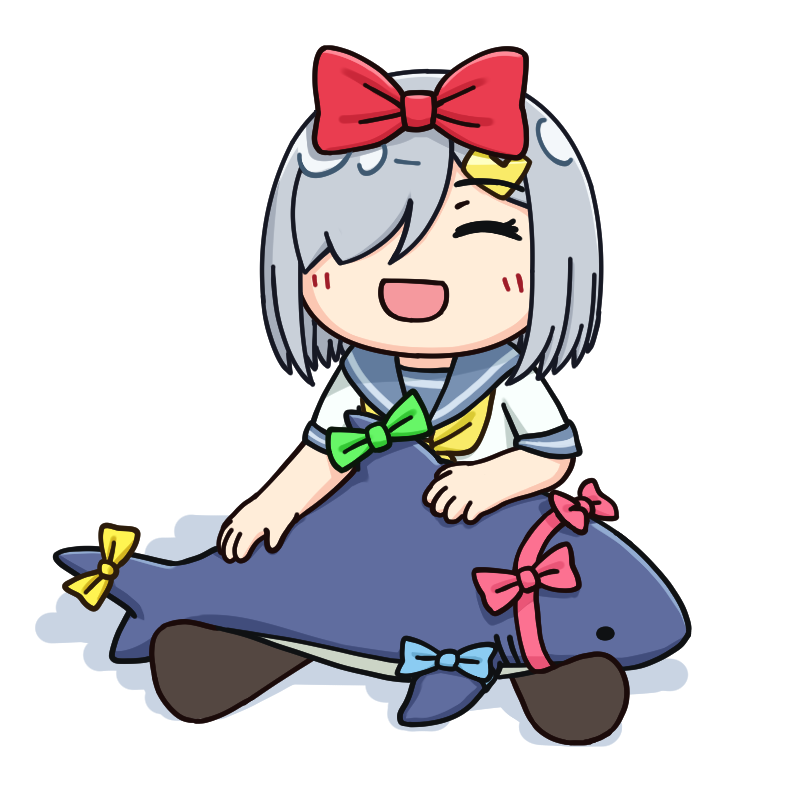 1girl black_legwear blue_bow bow chibi closed_eyes commentary eyebrows_visible_through_hair hair_bow hair_ornament hairclip hama!_(3toshinhmkz) hamakaze_(kancolle) kantai_collection light_blush no_shoes open_mouth pink_bow red_bow sailor_collar shirt short_hair short_sleeves silver_hair simple_background sitting smile solo stuffed_animal stuffed_shark stuffed_toy white_shirt yellow_bow