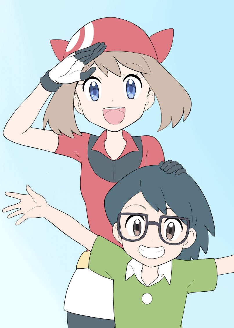 1boy 1girl :d bandana bangs bike_shorts_under_skirt black_hair blue_background blue_eyes brother_and_sister brown_hair commentary_request eyebrows_visible_through_hair eyelashes glasses gloves grin hand_on_another's_head looking_at_viewer max_(pokemon) may_(pokemon) medium_hair mei_(maysroom) open_mouth outstretched_arms pokemon pokemon_(anime) pokemon_rse_(anime) red_bandana red_shirt shirt short_sleeves siblings skirt smile teeth tongue upper_teeth white_skirt yellow_bag