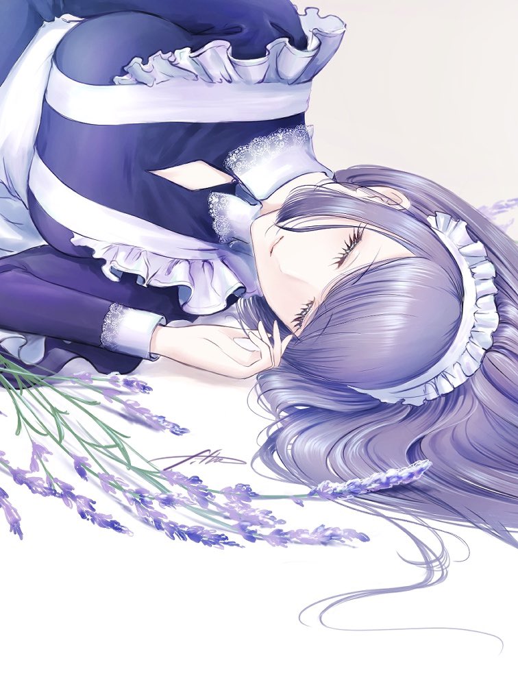 1girl ak-12_(girls'_frontline) arm_up bangs breasts closed_eyes closed_mouth eyebrows_visible_through_hair filha flower girls_frontline large_breasts lavender_(flower) light_purple_hair lips long_hair lying maid maid_headdress medium_breasts on_floor smile solo white_background