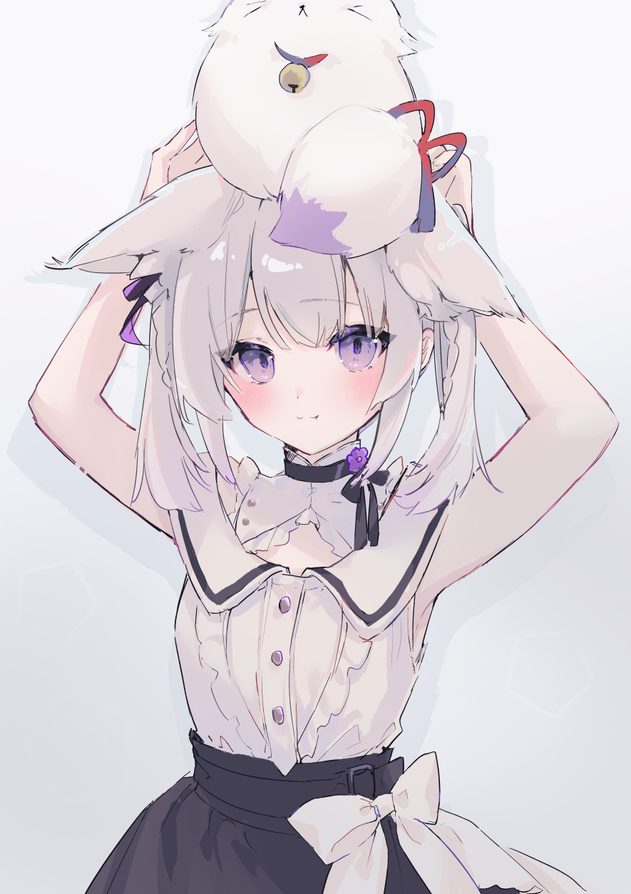 1girl :3 animal_ears animal_on_head black_skirt blush braid fang flower fox fox_tail grey_background hair_ornament hands_on_own_head highres indie_virtual_youtuber looking_at_viewer mia_mya necktie on_head ribbon shirt simple_background skirt solo suzumori_uina tail violet_eyes white_hair white_ribbon white_shirt