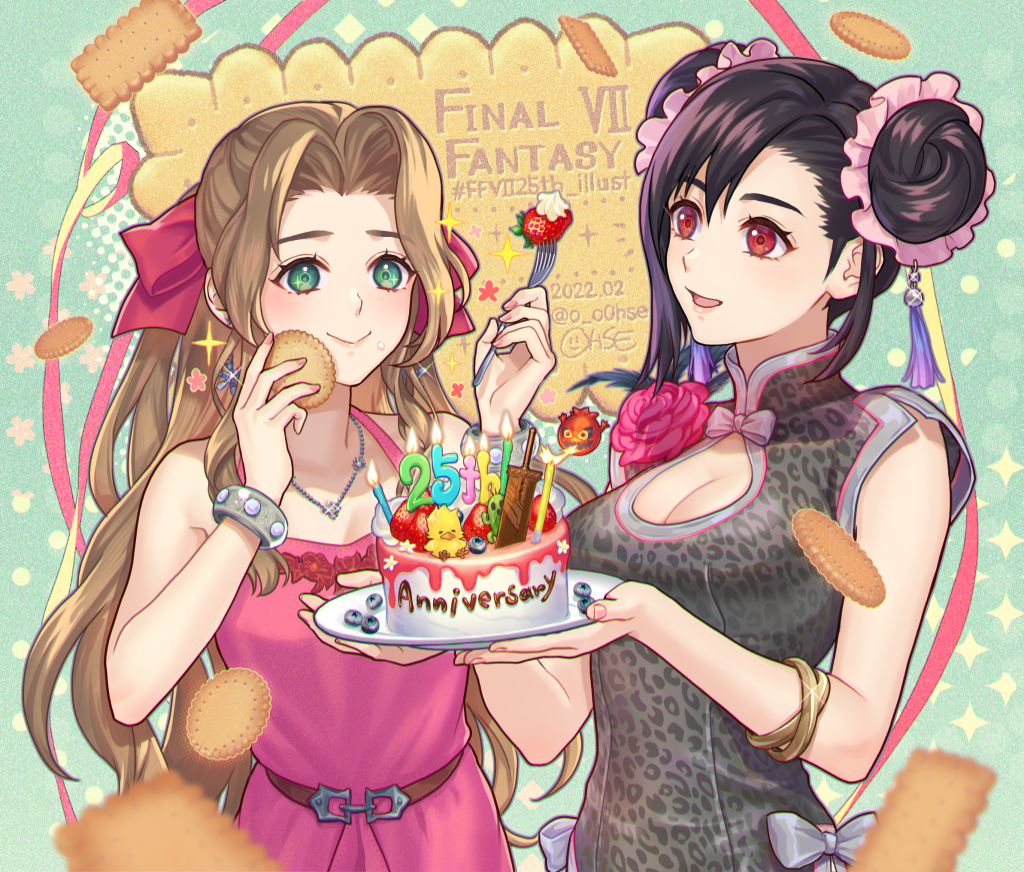 2girls :&gt; aerith_gainsborough animal_print anniversary black_hair bomb_(final_fantasy) breasts brown_eyes brown_hair cake candle china_dress chinese_clothes chocobo cleavage_cutout clothing_cutout cookie corsage dated double_bun dress final_fantasy final_fantasy_vii final_fantasy_vii_remake food fruit green_eyes jewelry leopard_print multiple_girls necklace official_alternate_costume ohse pink_dress sabotender smile strawberry tifa_lockhart tifa_lockhart's_sporty_dress