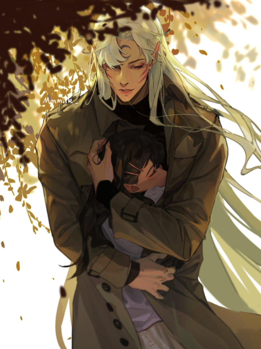 1boy 1girl artist_name brown_coat coat commentary_request facial_mark falling_leaves forehead_mark highres hug inuyasha leaf long_hair long_sleeves mmmilk parted_lips pointy_ears purple_shirt rin_(inuyasha) sesshoumaru shirt simple_background whisker_markings white_background white_hair
