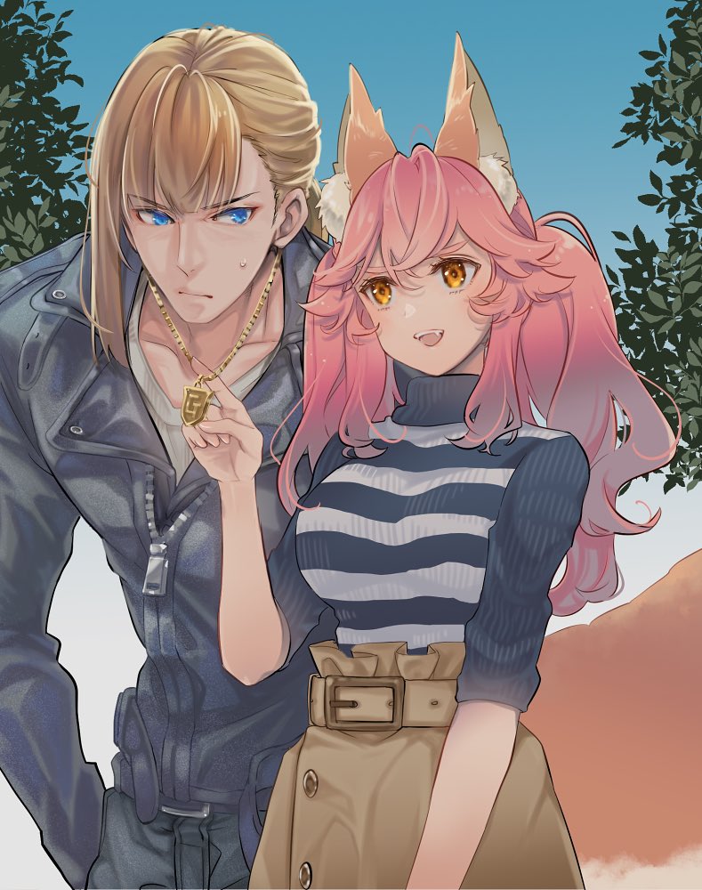 1boy 1girl :d alternate_costume alternate_hairstyle animal_ear_fluff animal_ears bangs belt biker_clothes black_jacket blonde_hair blue_eyes blue_sky breasts casual collarbone commentary_request cowboy_shot day eyebrows_visible_through_hair fang fate/extra fate/grand_order fate_(series) fox_ears fox_girl fox_tail hair_between_eyes jacket jewelry kurusu_piyo large_breasts leaf long_hair long_sleeves necklace open_mouth outdoors pink_hair ponytail sakata_kintoki_(fate) sidelocks sky smile striped striped_sweater sweatdrop sweater tail tamamo_(fate) tamamo_no_mae_(fate/extra) teeth v-shaped_eyebrows yellow_eyes