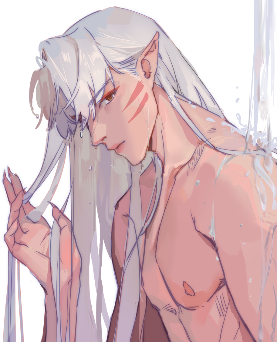 1boy closed_mouth commentary_request facial_mark hand_up inuyasha long_hair looking_at_viewer male_focus mmmilk nipples nude pointy_ears sesshoumaru showering simple_background upper_body water wet wet_hair whisker_markings white_background white_hair yellow_eyes