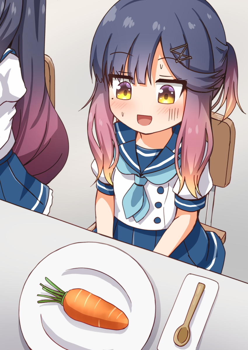 2girls blue_neckerchief blue_sailor_collar blue_skirt blush carrot chair comiching eyebrows_visible_through_hair food highres kantai_collection long_hair matsuwa_(kancolle) mole mole_under_eye multiple_girls neckerchief open_mouth plate pleated_skirt puffy_short_sleeves puffy_sleeves purple_hair sailor_collar school_uniform serafuku short_sleeves sitting skirt solo_focus tsushima_(kancolle) vegetable yellow_eyes