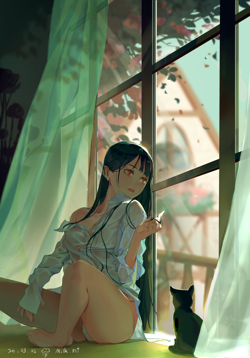 1girl artist_name bangs bare_legs barefoot black_hair cat collared_shirt commentary curtains dated falling_leaves highres leaf long_hair long_sleeves mmmilk no_pants off_shoulder original panties red_eyes shirt sitting solo underwear white_panties white_shirt window