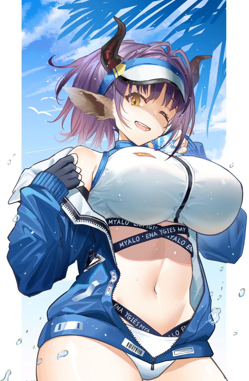 1girl ;d animal_ears arknights bangs bare_shoulders bikini bikini_under_clothes black_gloves blue_sky bottle bottle_to_cheek breasts brown_eyes clothes_writing cow_ears cow_girl cow_horns cowboy_shot day eyebrows_visible_through_hair fingerless_gloves gloves highres holding holding_bottle horns huge_breasts jacket long_sleeves looking_at_viewer navel nishitaka off_shoulder one_eye_closed open_clothes open_jacket open_mouth outdoors purple_hair short_hair short_ponytail sideroca_(arknights) sideroca_(light_breeze)_(arknights) sky smile solo stomach swimsuit undressing unzipped visor_cap water white_bikini white_headwear