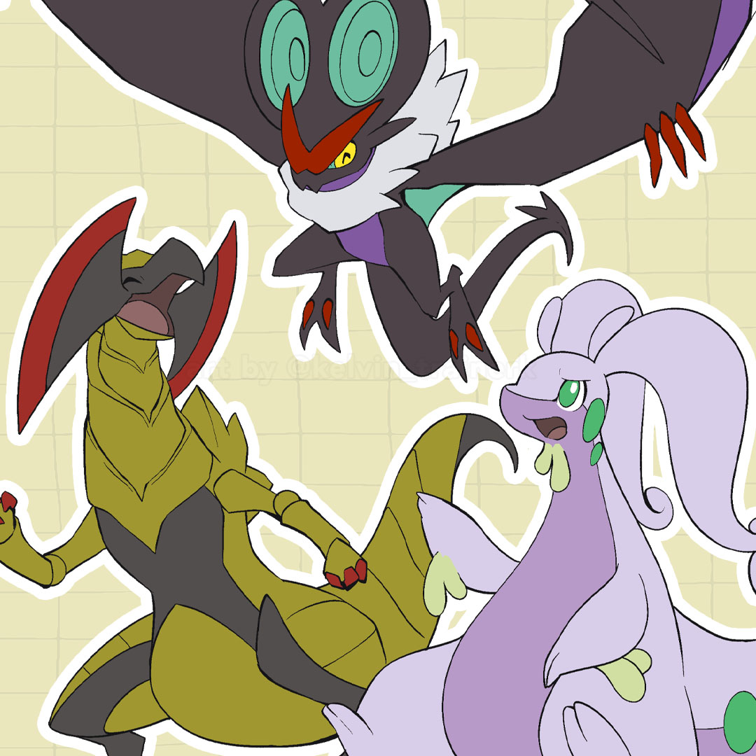 ^_^ claws closed_eyes closed_mouth commentary goodra green_eyes grid_background haxorus kelvin-trainerk no_humans noivern open_mouth outline pokemon pokemon_(creature) smile tongue