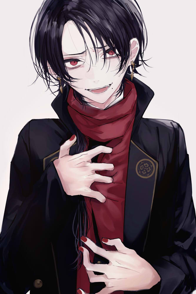1boy black_hair bon_ika earrings hair_over_one_eye jewelry kashuu_kiyomitsu looking_at_viewer male_focus mole mole_under_mouth red_eyes red_nails side_ponytail smile touken_ranbu