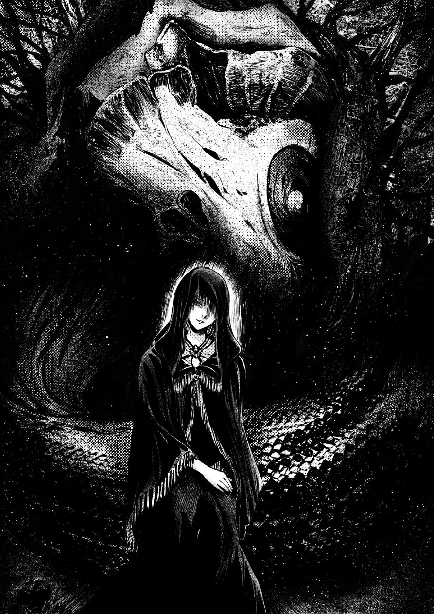 1girl cape corpse dress elden_ring fia_the_deathbed_companion fyyaa greyscale head_tilt highres hood hood_up hooded_cape looking_at_viewer monochrome parted_lips prince_of_death_(elden_ring) sitting smile solo spoilers