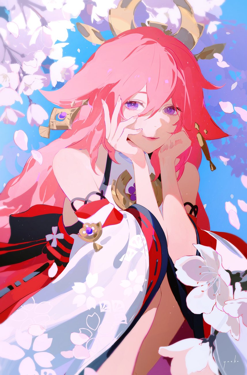 1girl animal_ears artist_name bangs bare_shoulders cherry_blossoms closed_mouth commentary day detached_sleeves earrings english_commentary eyebrows_behind_hair falling_petals flower fox_ears genshin_impact hair_between_eyes hands_on_own_chin hands_up head_rest highres jewelry light_smile lips looking_at_viewer petals pink_hair shirt signature sky solo sunlight turtleneck violet_eyes white_flower white_shirt white_sleeves wide_sleeves yae_miko yueko_(jiayue_wu)