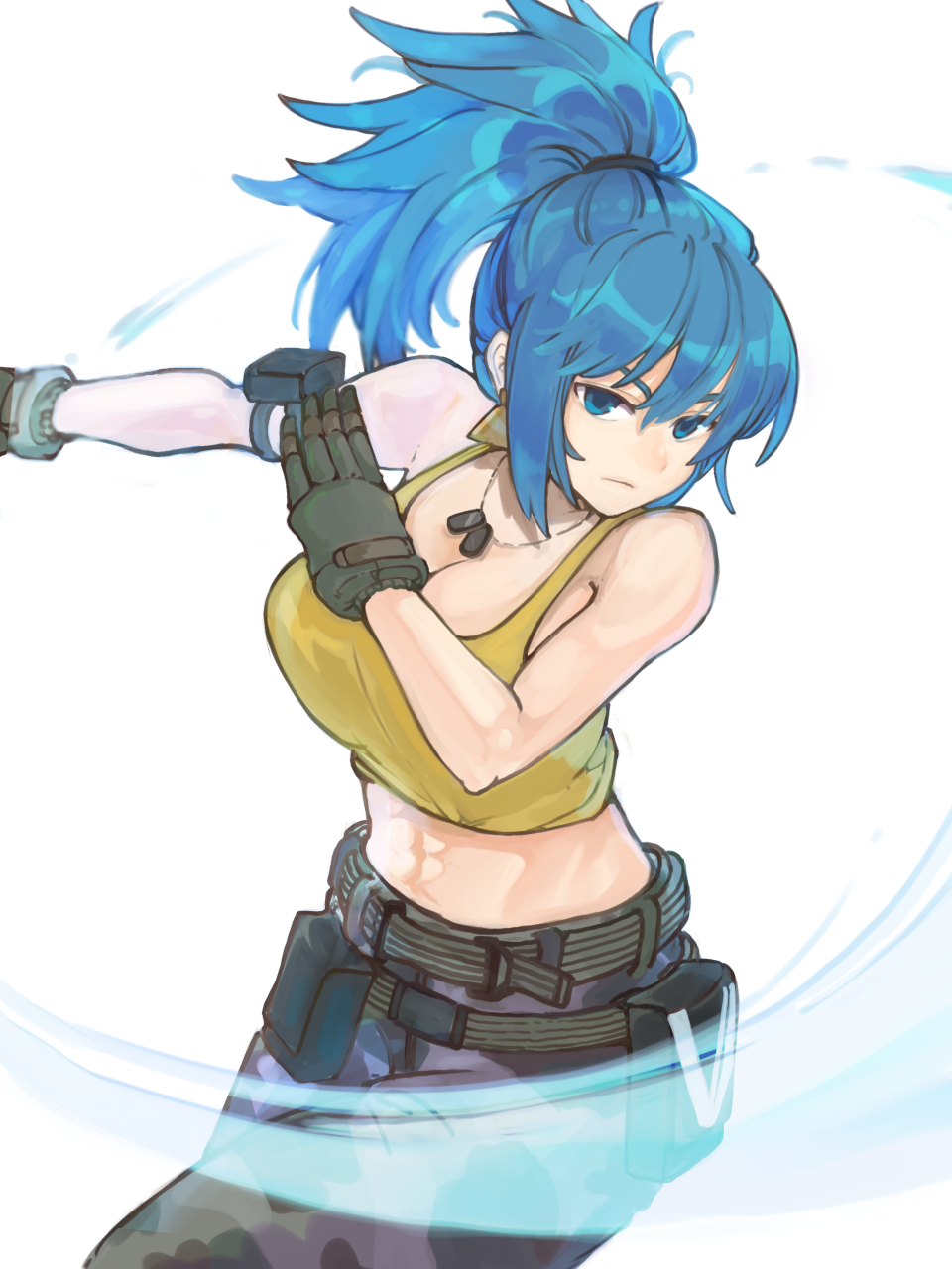 1girl armlet bare_shoulders belt blue_eyes blue_hair breasts camouflage camouflage_pants dog_tags earrings gloves highres irc14786149 jewelry leona_heidern looking_at_viewer navel pants ponytail pouch simple_background slashing sleeveless solo tank_top the_king_of_fighters the_king_of_fighters_xv the_legend_of_zelda_xiv white_background yellow_tank_top