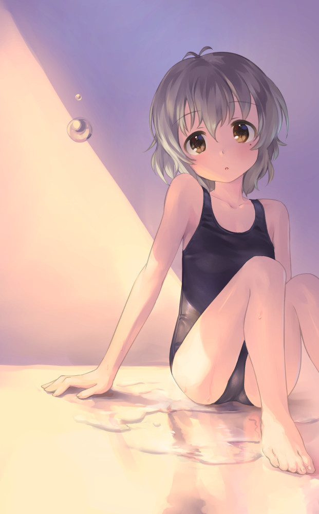 antenna_hair arm_support bangs black_swimsuit breasts child collarbone commentary_request crotch expressionless eyebrows_visible_through_hair feet grey_hair idolmaster idolmaster_cinderella_girls kawaseki legs light_blush looking_at_viewer mole mole_under_eye narumiya_yume on_floor school_swimsuit short_hair sitting small_breasts swimsuit water wet yellow_eyes
