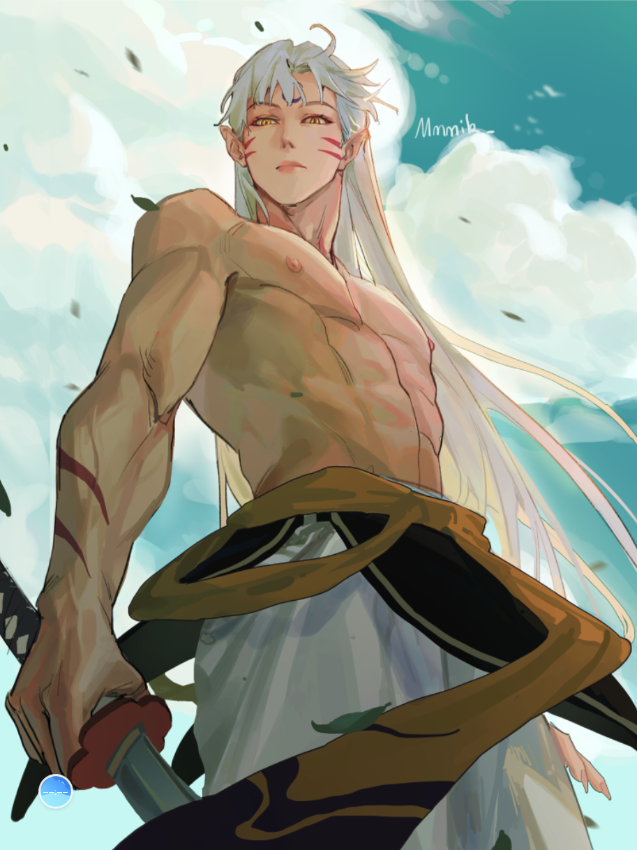 1boy abs artist_name closed_mouth clouds cloudy_sky commentary cowboy_shot facial_mark falling_leaves forehead_mark highres holding holding_sword holding_weapon inuyasha katana leaf long_hair looking_at_viewer male_focus mmmilk nipples outdoors pants pectorals sesshoumaru sky sword topless_male weapon whisker_markings white_hair white_pants yellow_eyes