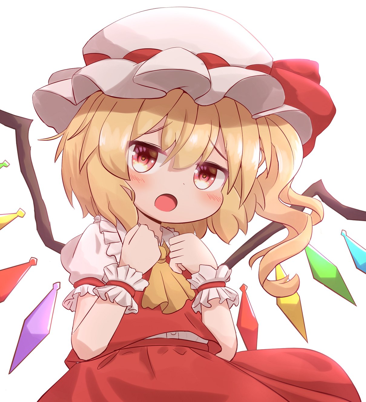 1girl ascot bangs blonde_hair blush bow coruthi cowboy_shot crystal flandre_scarlet frilled_shirt_collar frilled_sleeves frills hair_between_eyes hat heart heart-shaped_pupils highres looking_at_viewer medium_hair mob_cap one_side_up open_mouth puffy_short_sleeves puffy_sleeves red_bow red_eyes red_skirt red_vest shirt short_sleeves skirt solo symbol-shaped_pupils touhou vest white_background white_shirt wings wrist_cuffs yellow_ascot