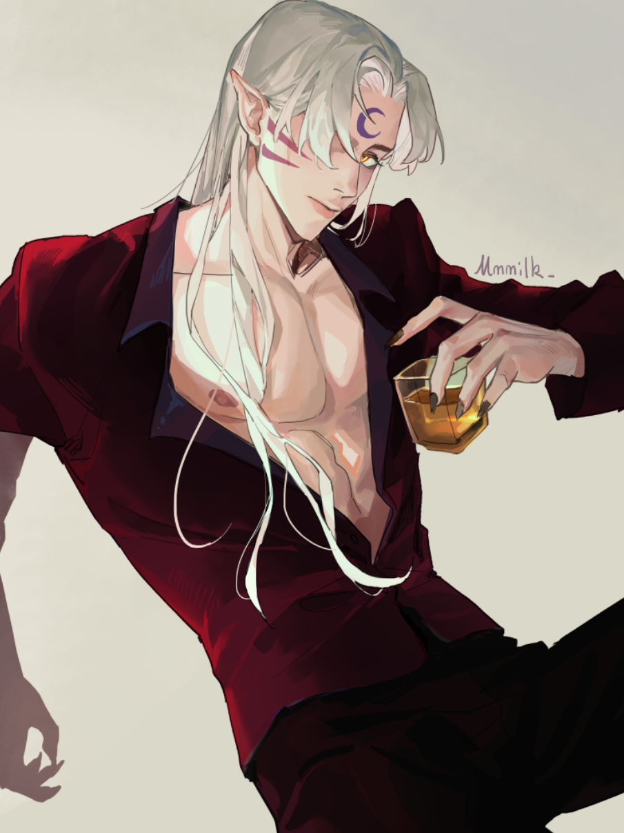 1boy alcohol artist_name black_pants closed_mouth commentary cowboy_shot drink facial_mark fingernails forehead_mark grey_background hair_over_one_eye highres holding holding_drink inuyasha long_hair looking_at_viewer male_focus mmmilk nipples one_eye_covered open_clothes open_shirt pants pectoral_cleavage pectorals pointy_ears red_shirt sesshoumaru sharp_fingernails shirt silver_hair sitting whisker_markings whiskey white_hair
