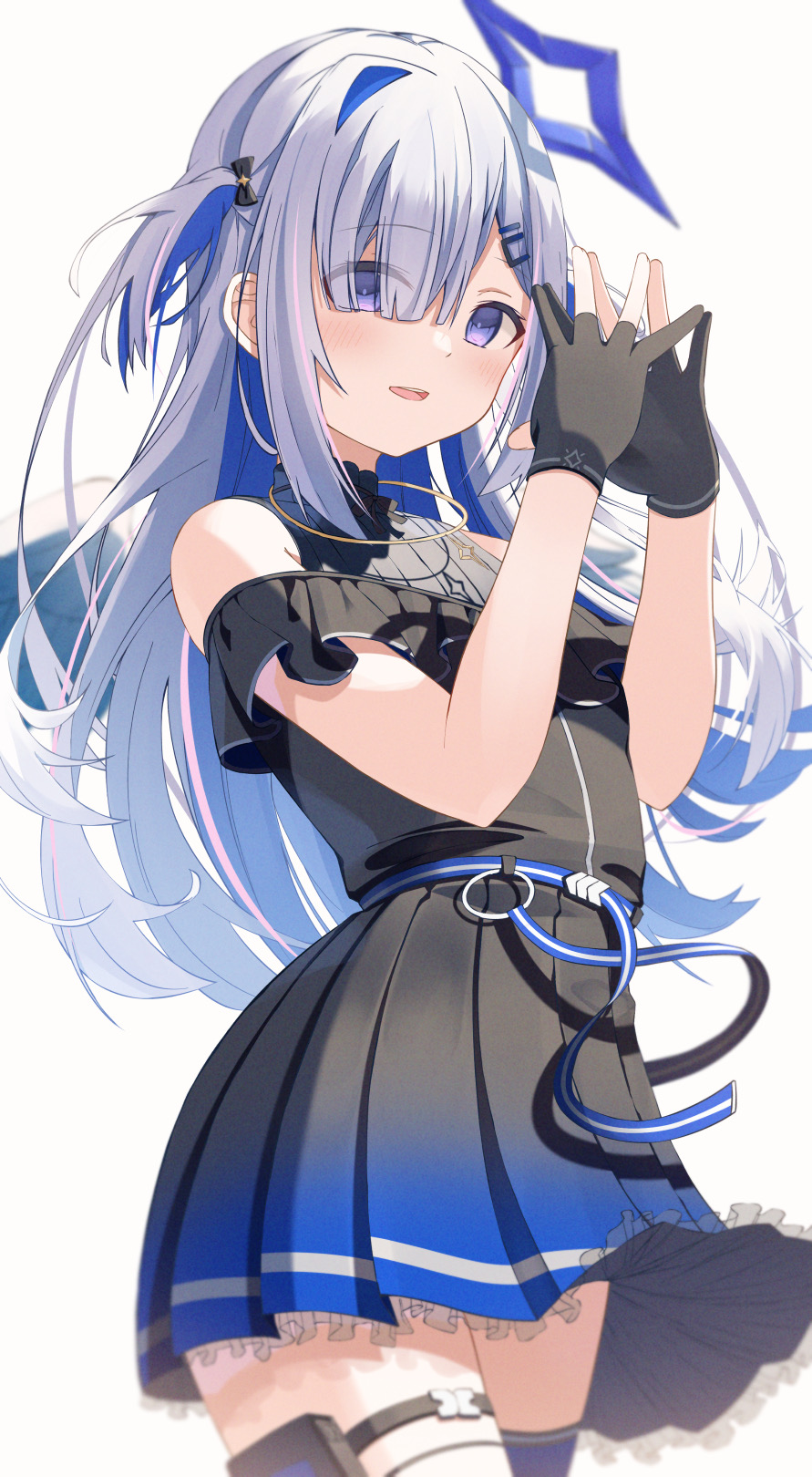 1girl amane_kanata angel angel_wings asymmetrical_bangs asymmetrical_hair bangs bare_shoulders belt black_dress black_gloves blue_belt blue_hair blue_legwear blush colored_inner_hair dress feathered_wings gloves hair_ornament hair_over_one_eye hairclip halo highres hololive jewelry long_bangs long_hair looking_at_viewer mini_wings multicolored_hair necklace parted_lips partially_fingerless_gloves pleated_dress short_dress silver_hair single_hair_intake single_thighhigh sleeveless sleeveless_dress smile solo star_(symbol) star_halo star_necklace thigh-highs thigh_pouch two_side_up violet_eyes virtual_youtuber white_wings wings yamada_(yamadadesuyo212)