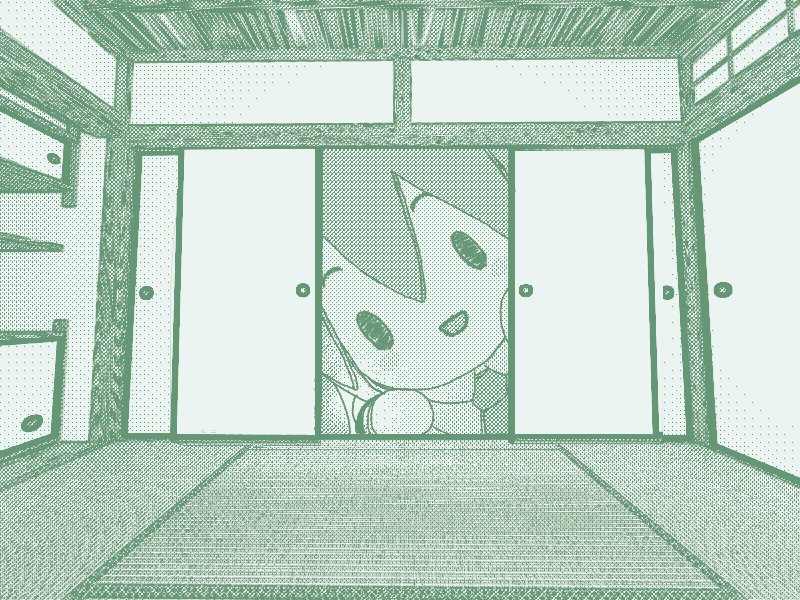 1girl architecture blush_stickers character_doll commentary east_asian_architecture hatsune_miku indoors looking_at_viewer monochrome morioka_wankosoba necktie open_door sanpati_(style) shelf sliding_doors smile solid_oval_eyes solo stuffed_toy vocaloid